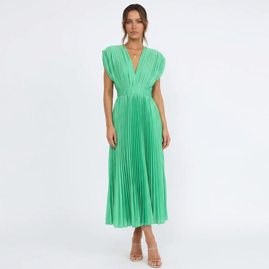 Sofia | Mujer Vestido Midi Con Tejido Plisado Y Escote En V | Elegante