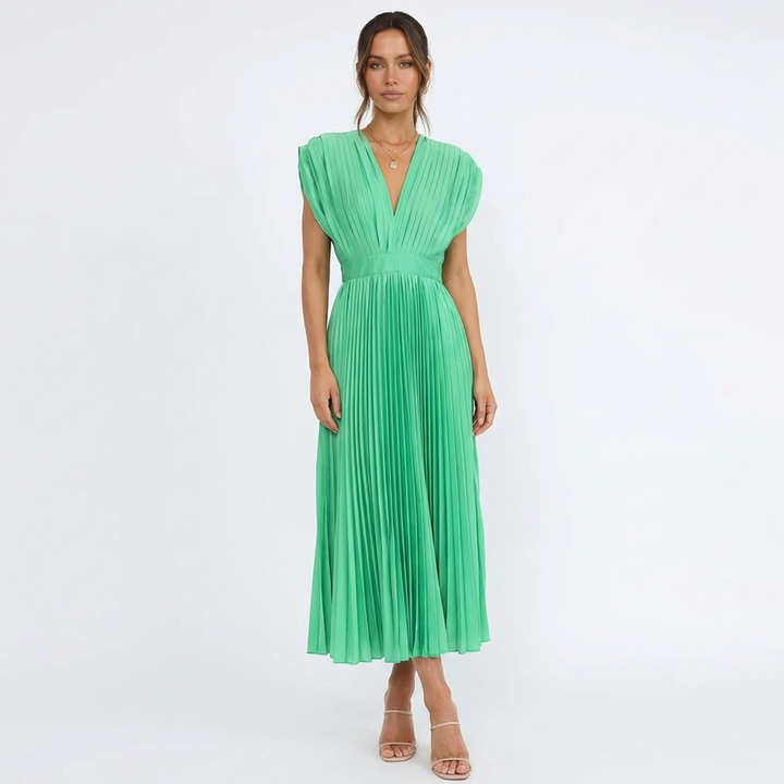 Sofia | Mujer Vestido Midi Con Tejido Plisado Y Escote En V | Elegante