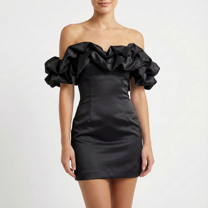 Sofia | Mujer Vestido Mini Con Hombros Descubiertos Y Mangas Volante | Glamuroso