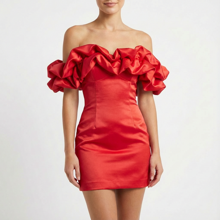 Sofia | Mujer Vestido Mini Con Hombros Descubiertos Y Mangas Volante | Glamuroso