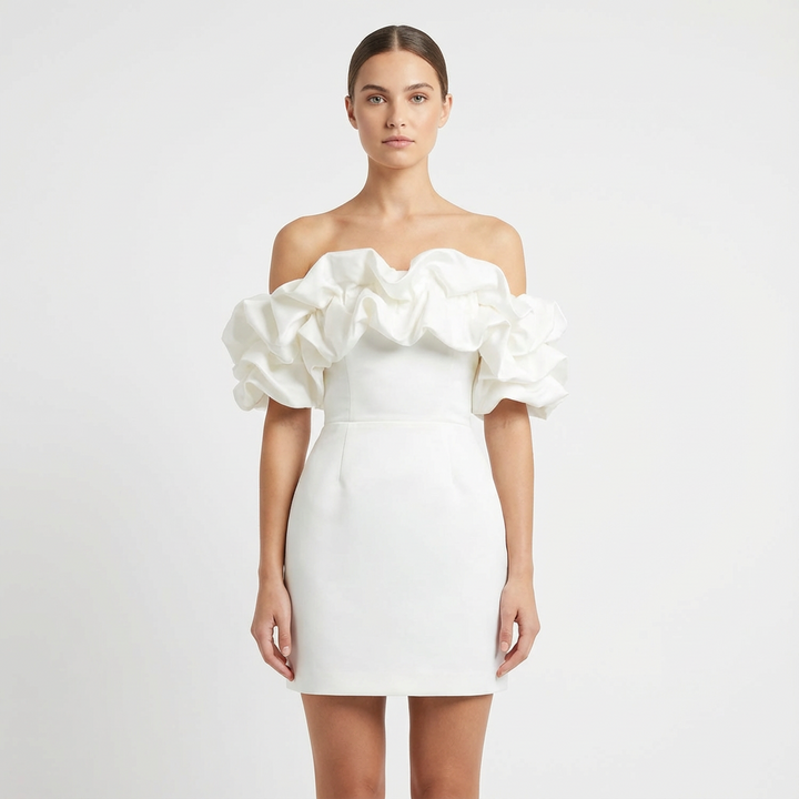 Sofia | Mujer Vestido Mini Con Hombros Descubiertos Y Mangas Volante | Glamuroso