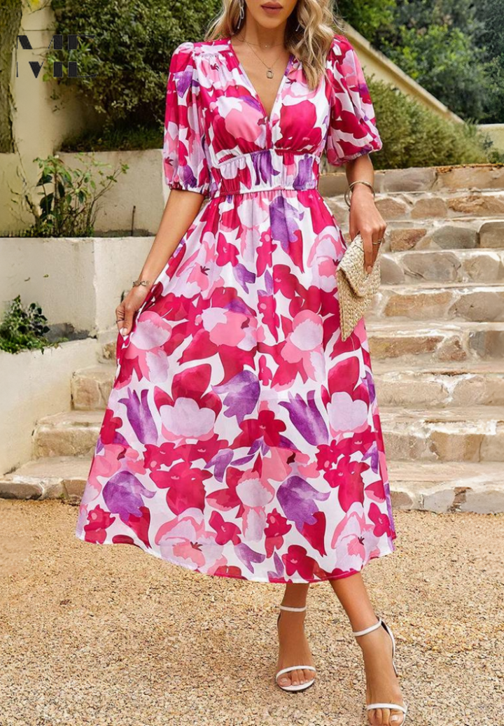 Roxanne | Elegant Floral Midi Dress with Puff Sleeves