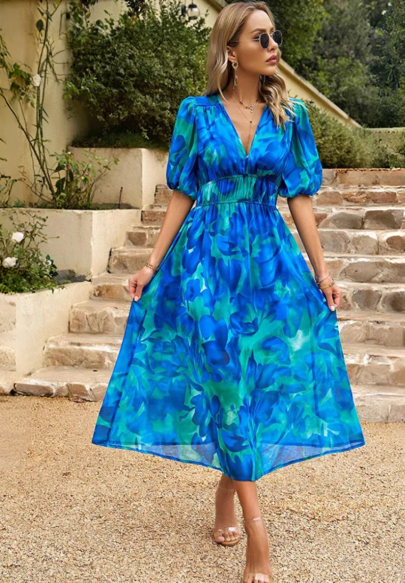 Roxanne | Elegant Floral Midi Dress with Puff Sleeves