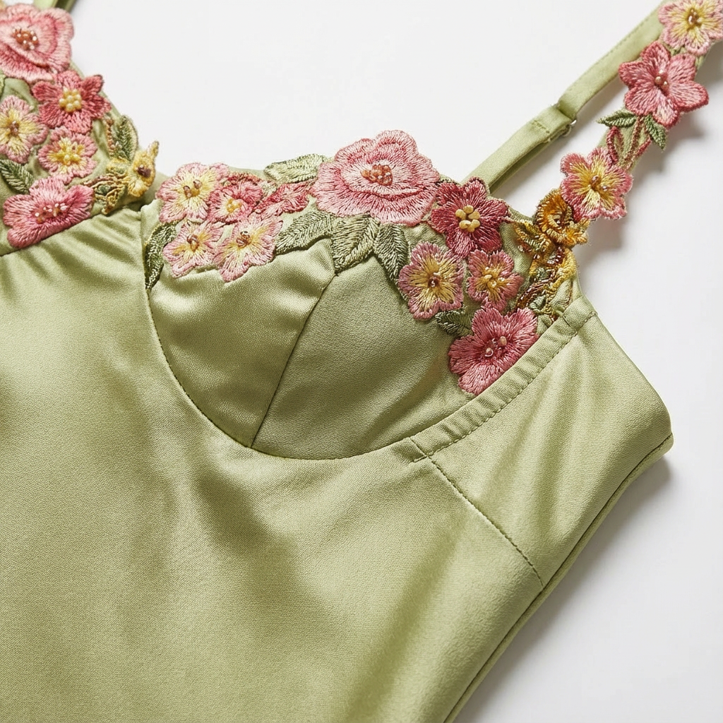 Valeria | Mujer Verde Vestido Maxi Con Bordado Floral 3D Y Escote Bustier | Romántico