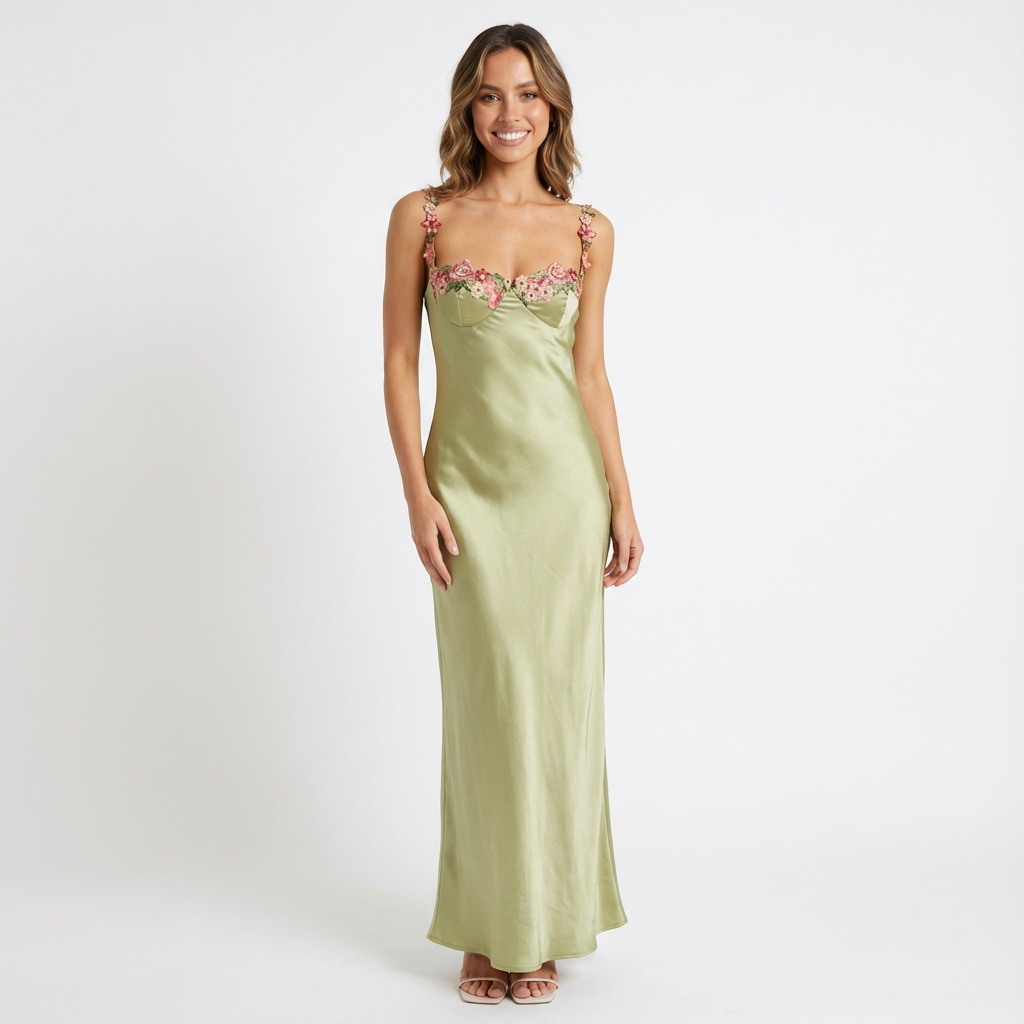 Valeria | Mujer Verde Vestido Maxi Con Bordado Floral 3D Y Escote Bustier | Romántico