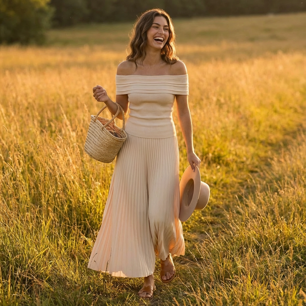 Valeria | Mujer Vestido Maxi Con Hombros Descubiertos Y Falda Plisada | Elegante