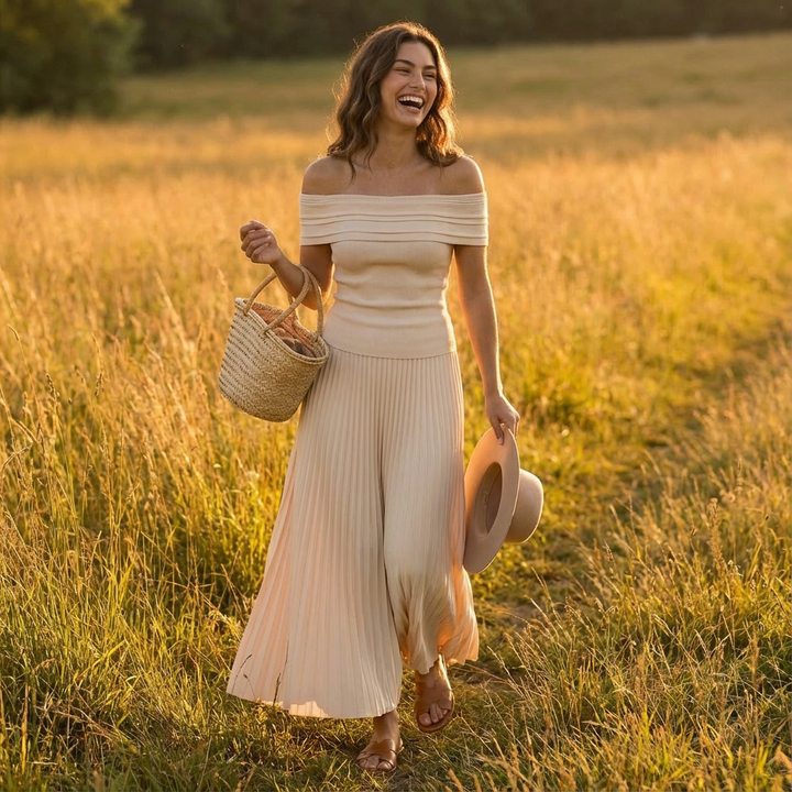 Valeria | Mujer Vestido Maxi Con Hombros Descubiertos Y Falda Plisada | Elegante