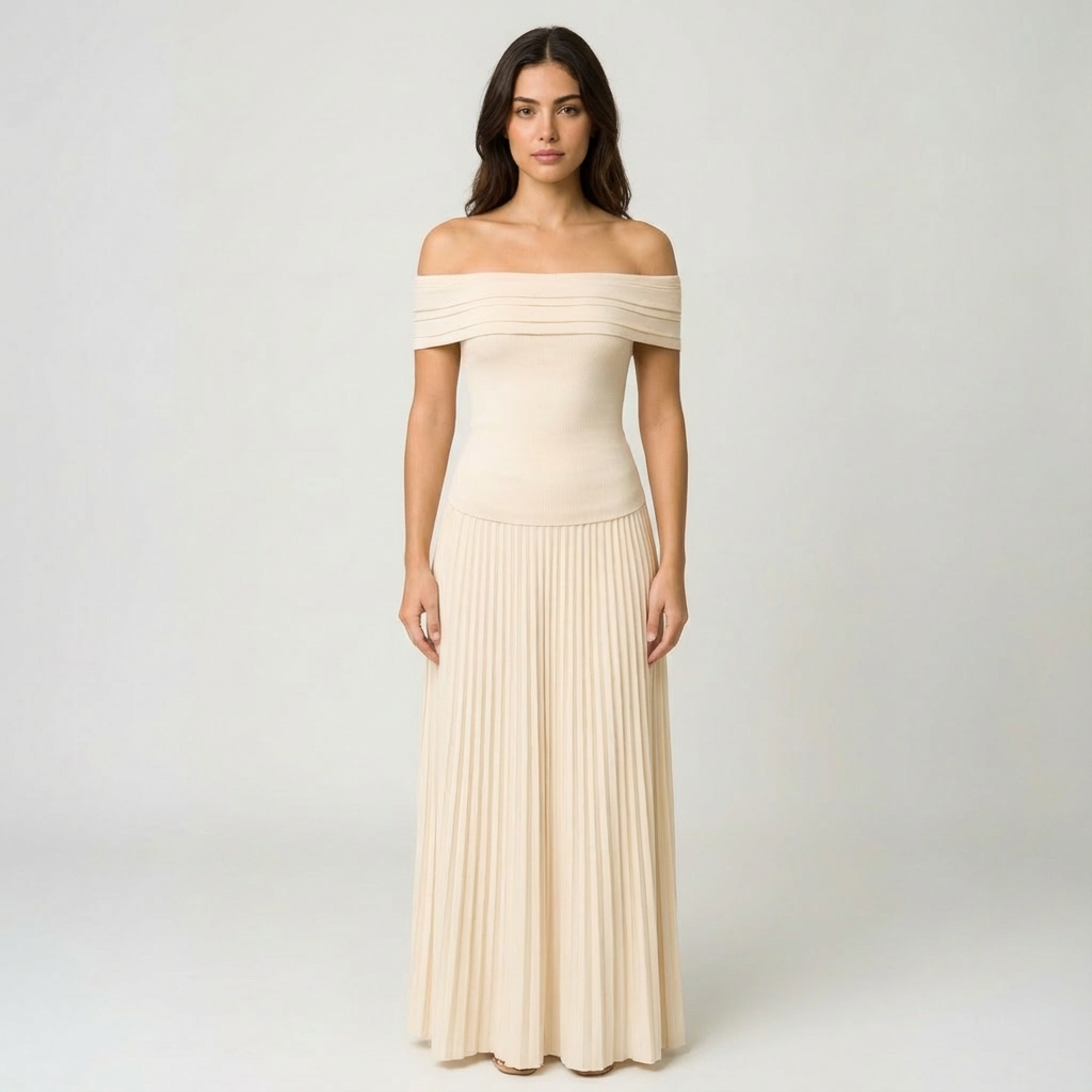 Valeria | Mujer Vestido Maxi Con Hombros Descubiertos Y Falda Plisada | Elegante