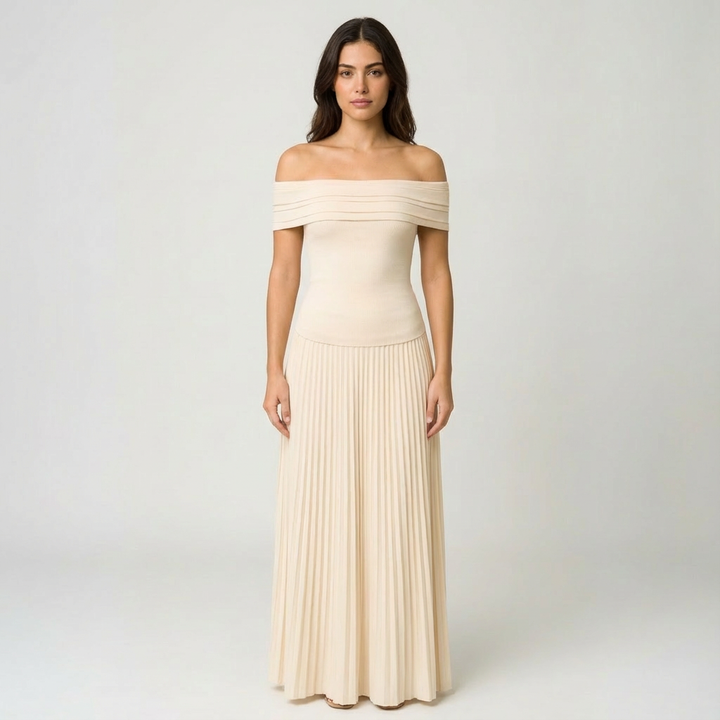 Valeria | Mujer Vestido Maxi Con Hombros Descubiertos Y Falda Plisada | Elegante