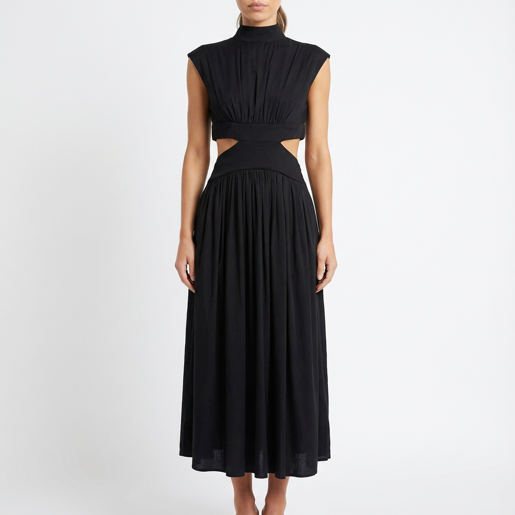 Valeria | Mujer Vestido Midi Con Aberturas Laterales Y Cuello Alto | Elegante