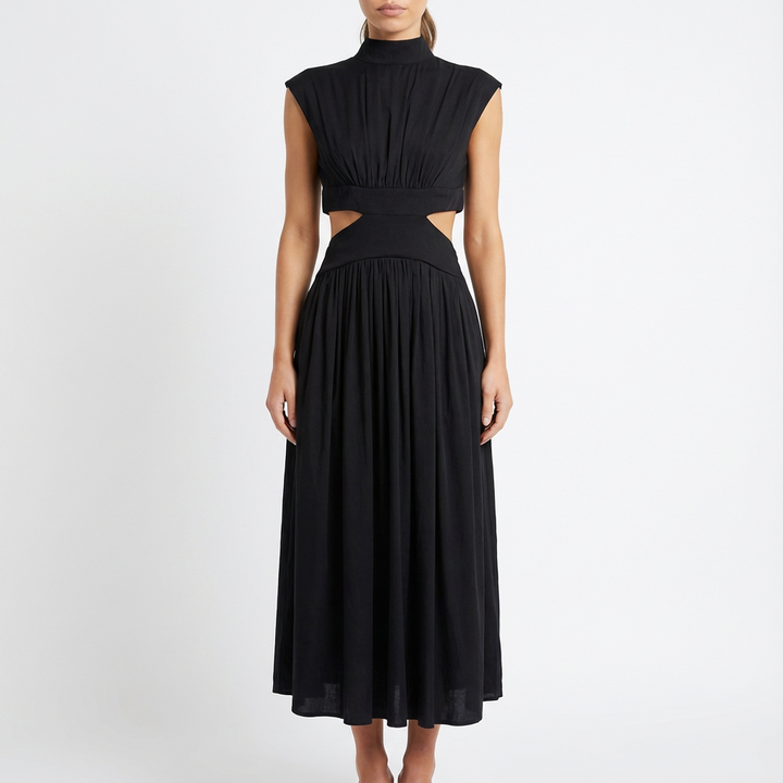 Valeria | Mujer Vestido Midi Con Aberturas Laterales Y Cuello Alto | Elegante