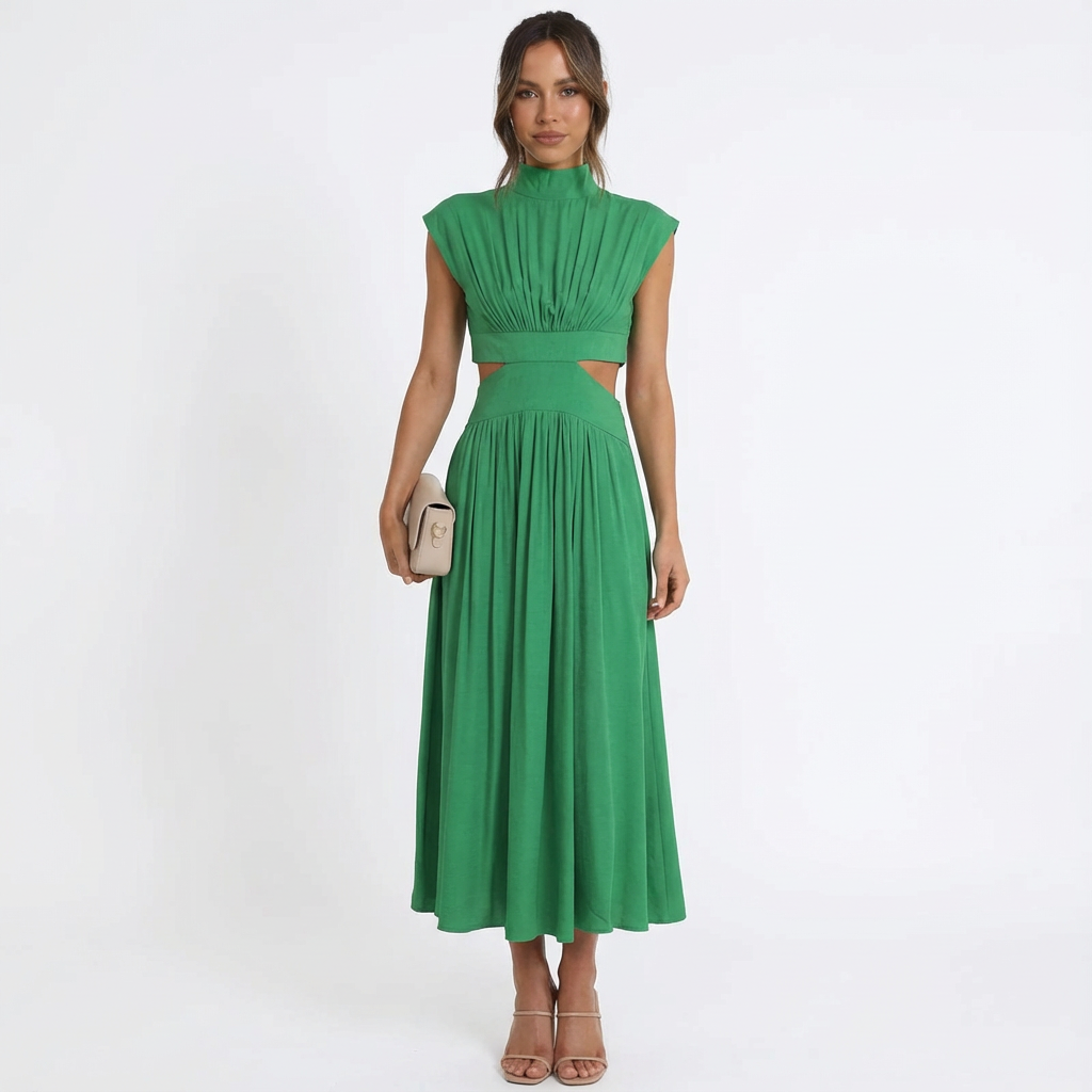Valeria | Mujer Vestido Midi Con Aberturas Laterales Y Cuello Alto | Elegante