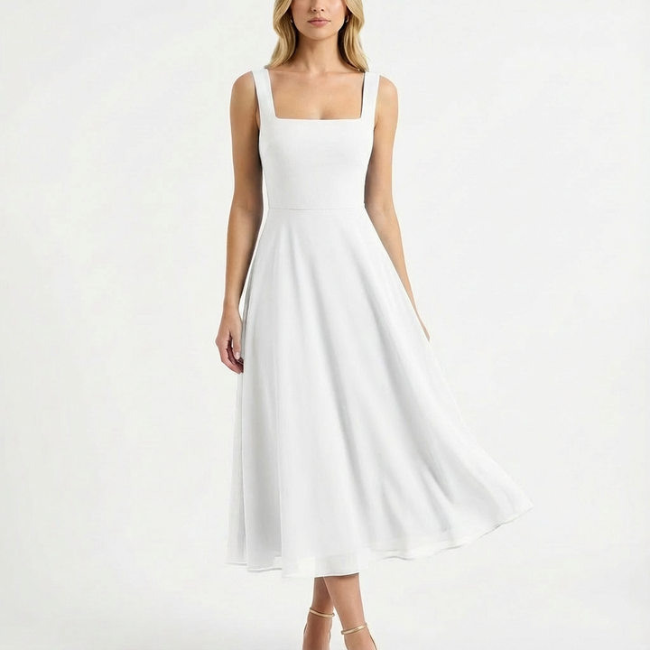 Valeria | Mujer Vestido Midi Con Escote Cuadrado Y Falda Evasé | Romántico