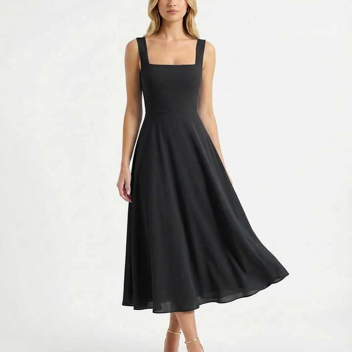 Valeria | Mujer Vestido Midi Con Escote Cuadrado Y Falda Evasé | Romántico