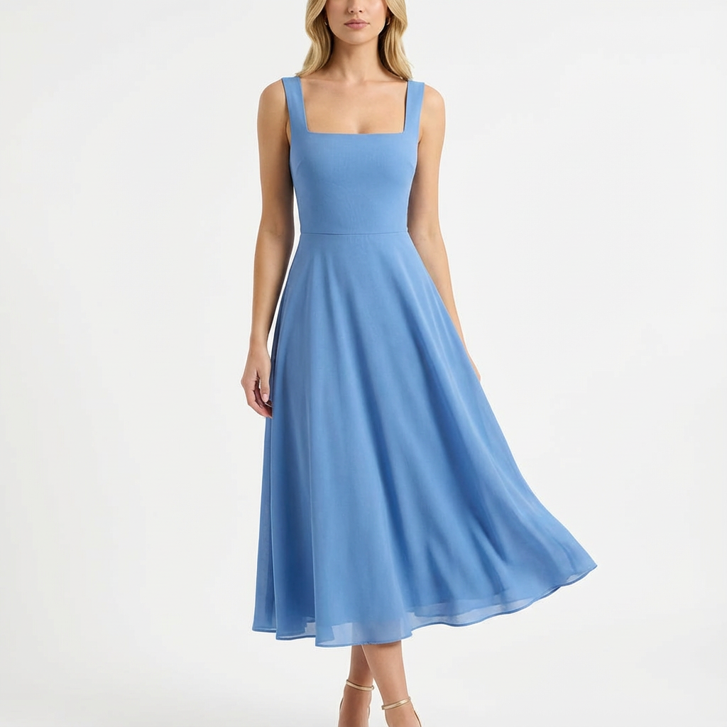 Valeria | Mujer Vestido Midi Con Escote Cuadrado Y Falda Evasé | Romántico