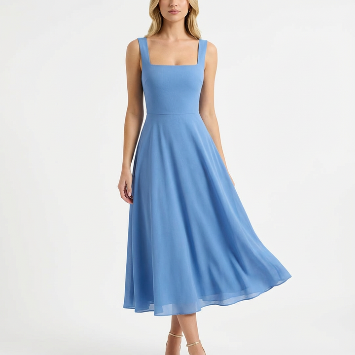 Valeria | Mujer Vestido Midi Con Escote Cuadrado Y Falda Evasé | Romántico