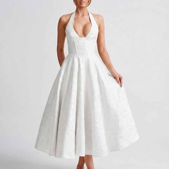 Valeria | Mujer Vestido Midi Con Escote Halter Y Jacquard Floral | Elegante