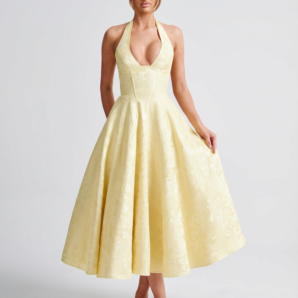 Valeria | Mujer Vestido Midi Con Escote Halter Y Jacquard Floral | Elegante
