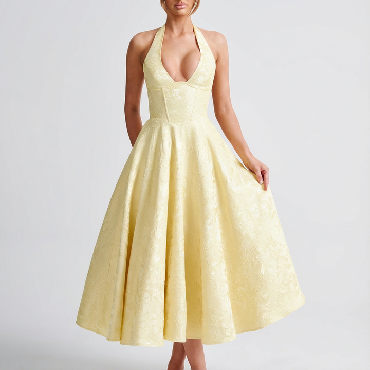 Valeria | Mujer Vestido Midi Con Escote Halter Y Jacquard Floral | Elegante