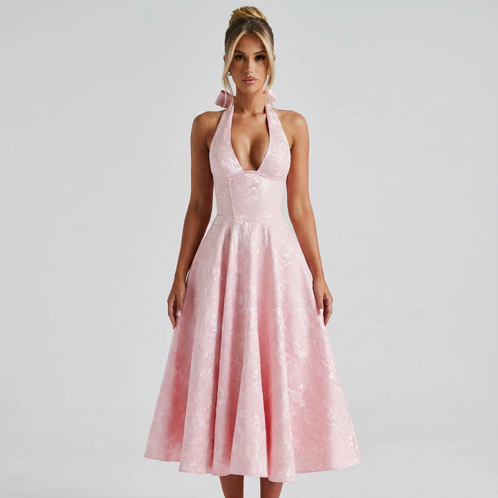 Valeria | Mujer Vestido Midi Con Escote Halter Y Jacquard Floral | Elegante