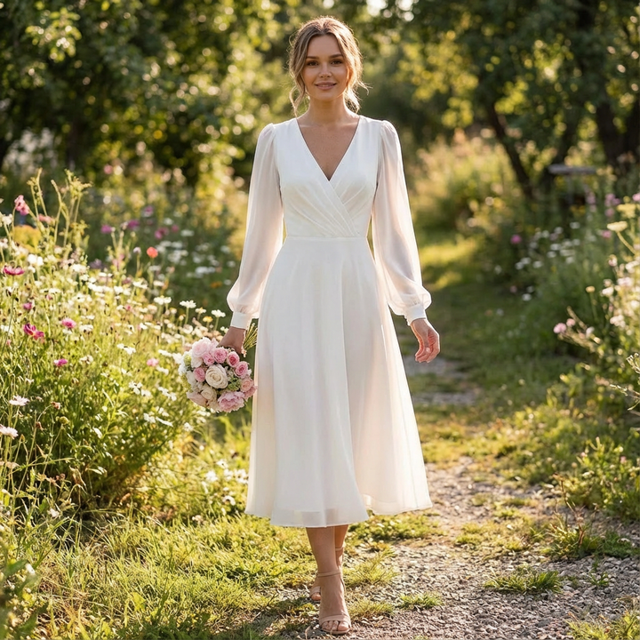 Valeria | Mujer Blanco Vestido Midi Con Mangas Obispo Y Escote En V | Nupcial
