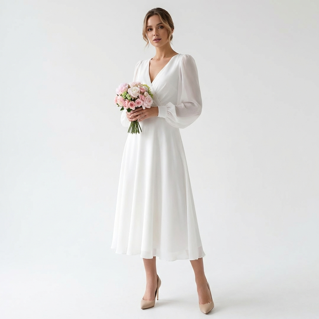 Valeria | Mujer Blanco Vestido Midi Con Mangas Obispo Y Escote En V | Nupcial