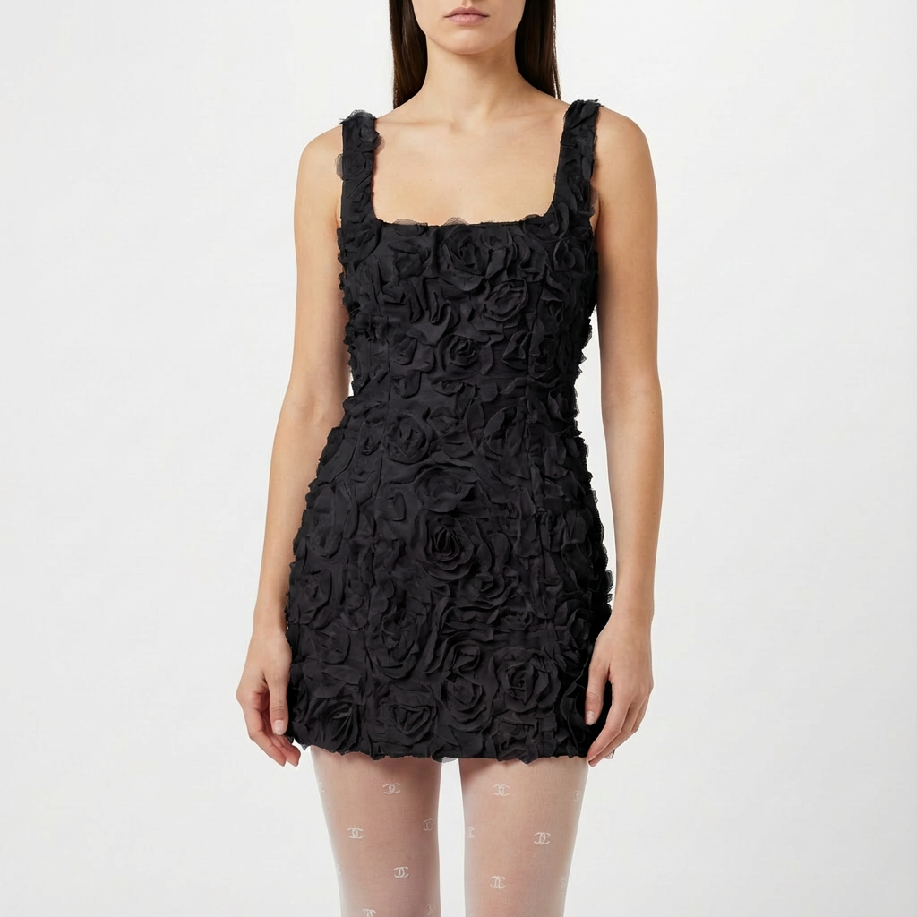 Valeria | Mujer Vestido Mini Con Apliques Florales 3D Y Escote Cuadrado | Glamuroso