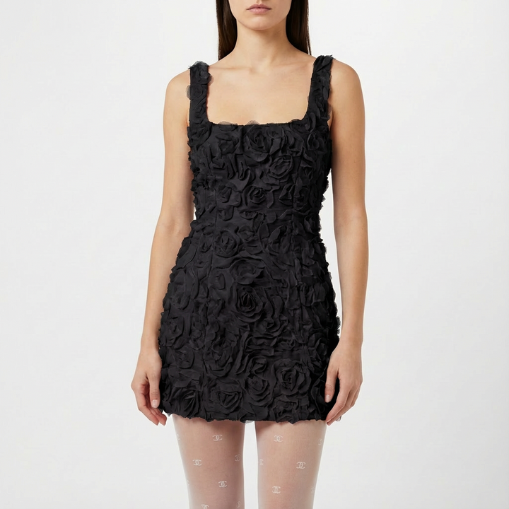 Valeria | Mujer Vestido Mini Con Apliques Florales 3D Y Escote Cuadrado | Glamuroso