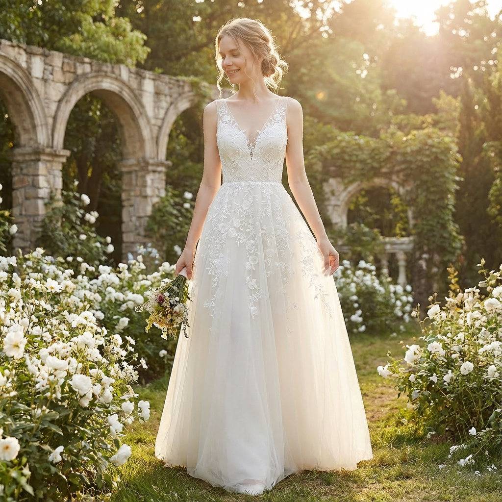 Valeria | Mujer Blanco Vestido Novia Con Apliques Encaje Floral Y Escote En V | Princesa