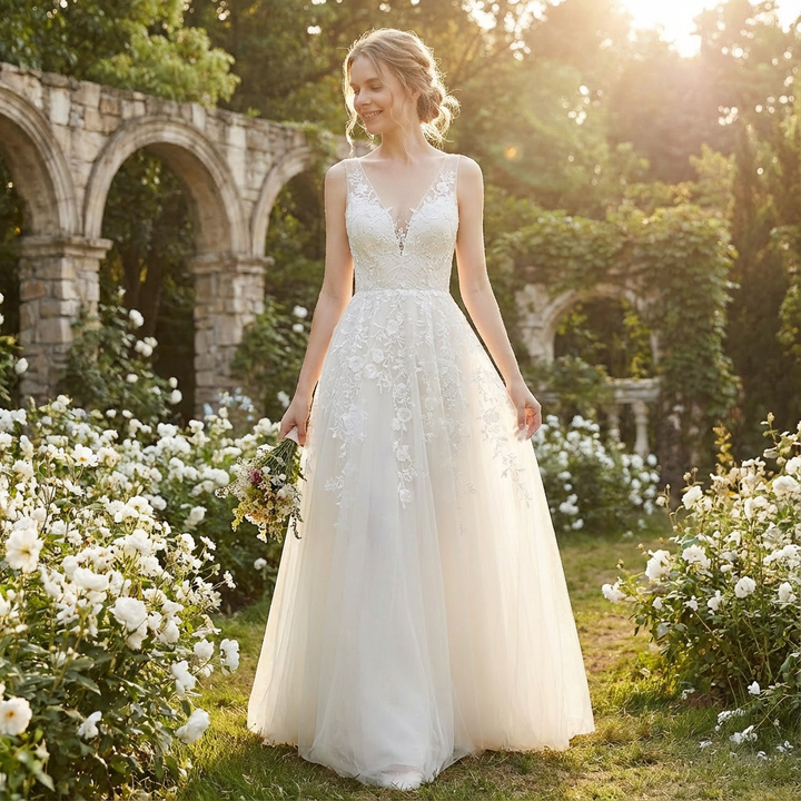 Valeria | Mujer Blanco Vestido Novia Con Apliques Encaje Floral Y Escote En V | Princesa