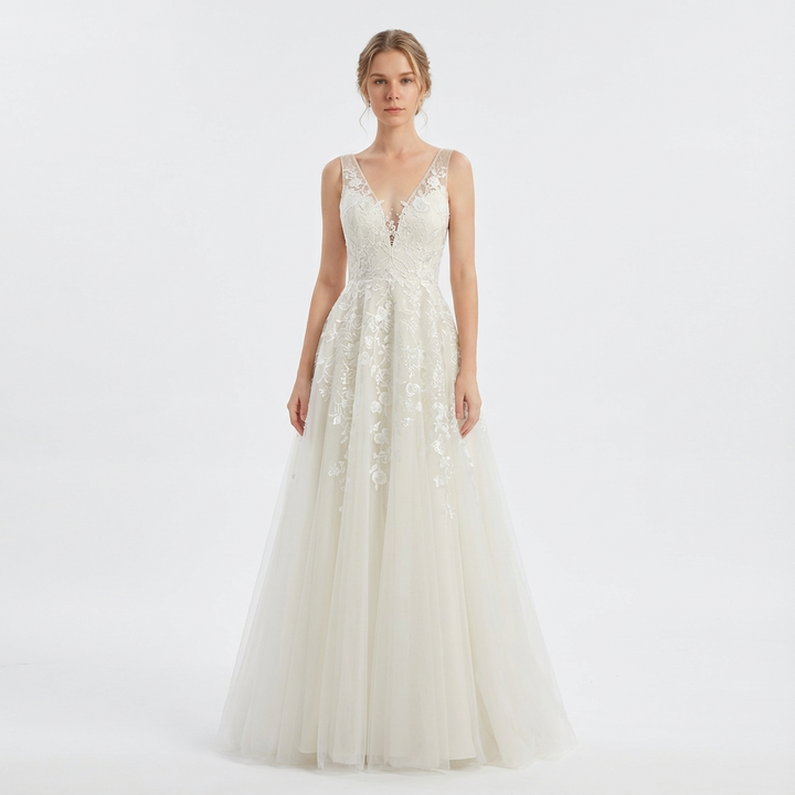 Valeria | Mujer Blanco Vestido Novia Con Apliques Encaje Floral Y Escote En V | Princesa