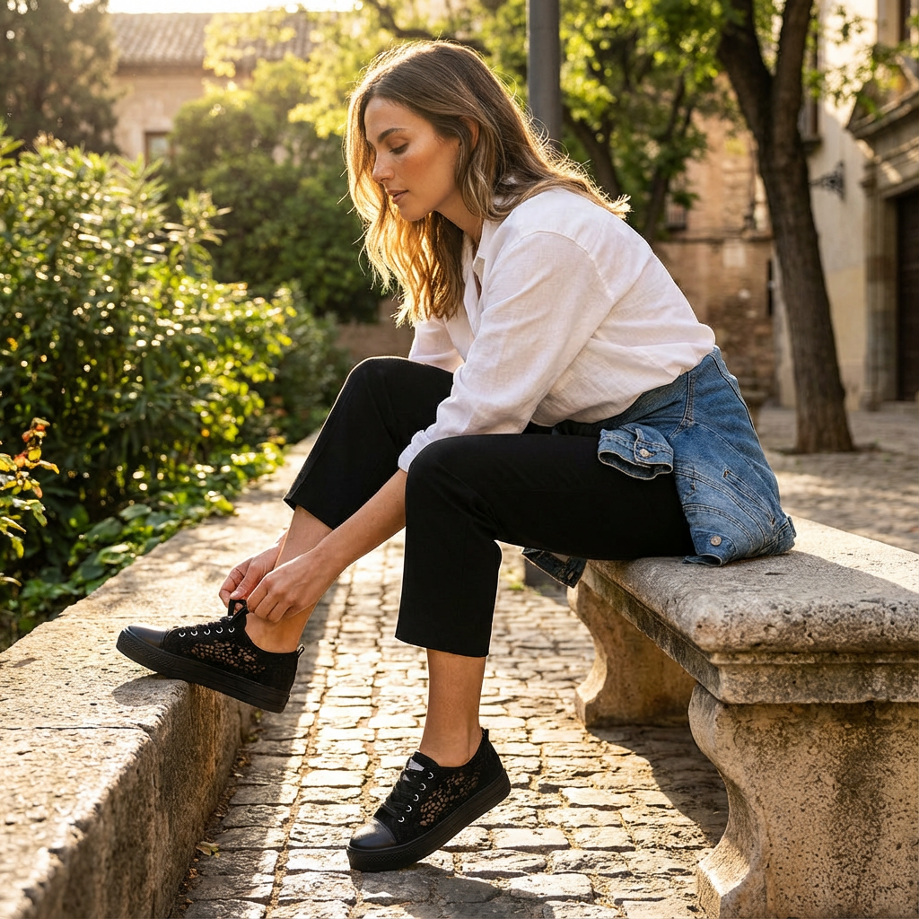 Valeria | Mujer Zapatillas Plataforma Con Tejido Calado Y Cordones | Casual