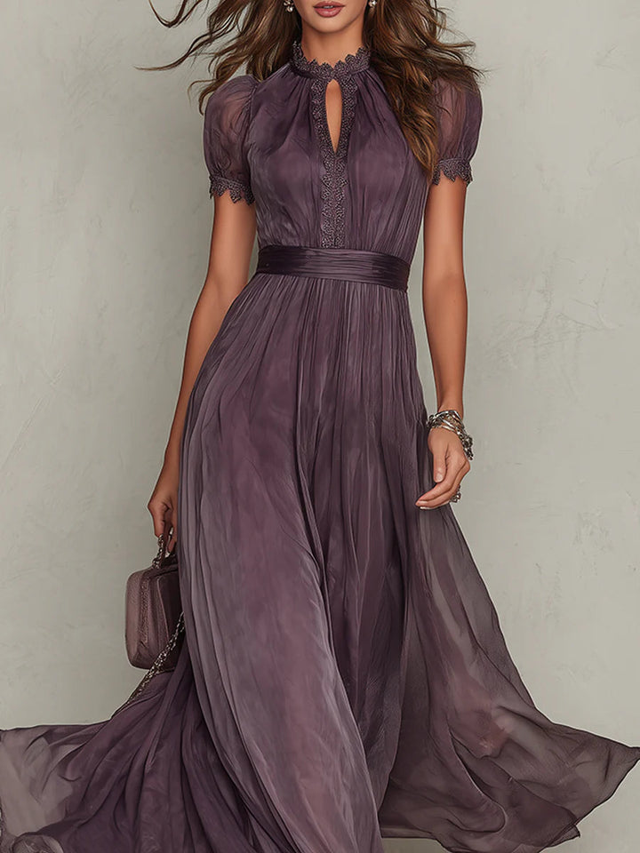 Flavia • Long Purple Dress with Keyhole Neckline & Chiffon Lace Trim