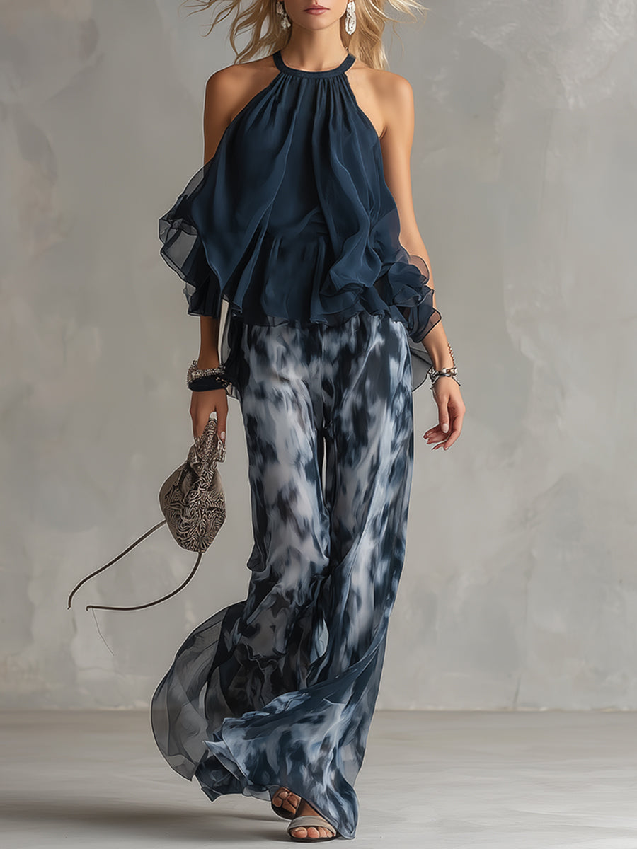 Ludovica – Elegant chiffon set with high-neck top and wide-leg printed trousers