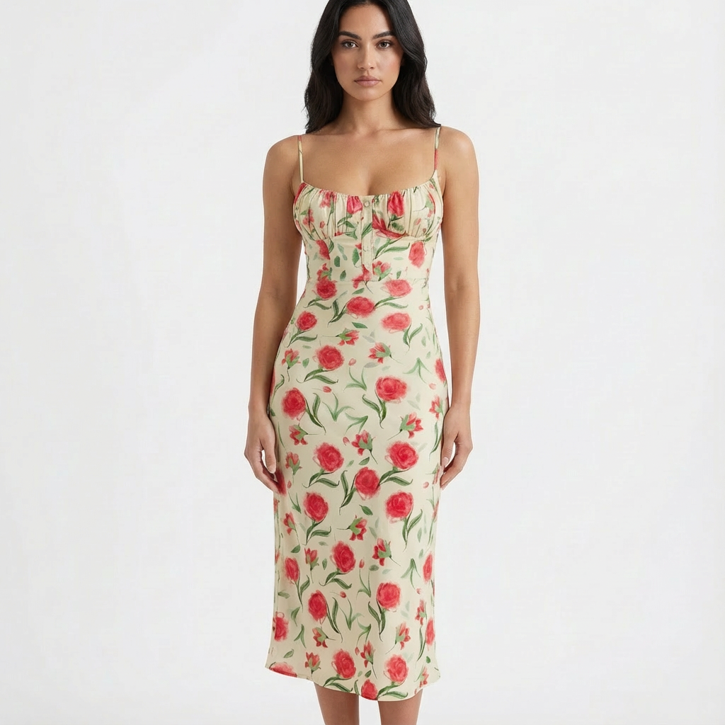 Lucia | Mujer Vestido Midi Con Estampado Floral Y Busto Fruncido | Romántico