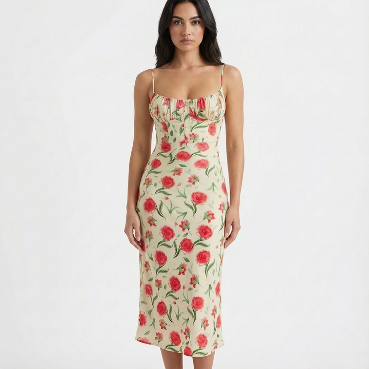 Lucia | Mujer Vestido Midi Con Estampado Floral Y Busto Fruncido | Romántico