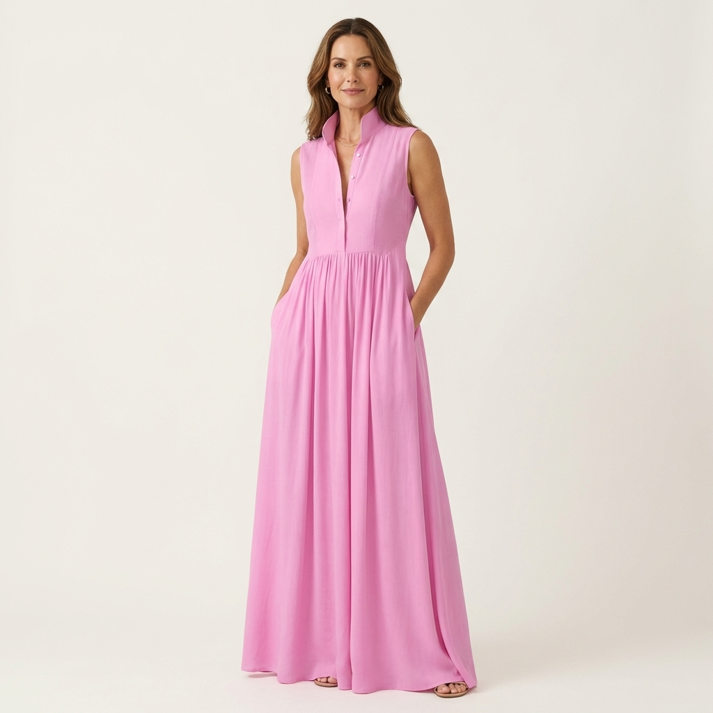 Clara | Sleeveless Stand-Collar Pleated Maxi with Pockets