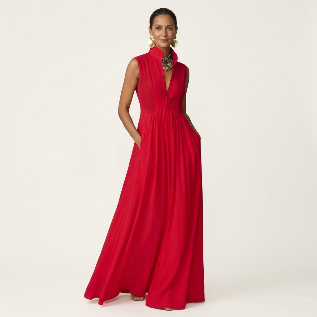 Clara | Sleeveless Stand-Collar Pleated Maxi with Pockets