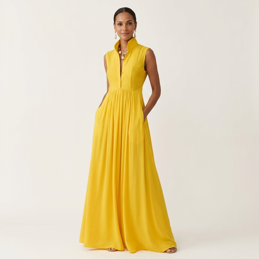 Clara | Sleeveless Stand-Collar Pleated Maxi with Pockets