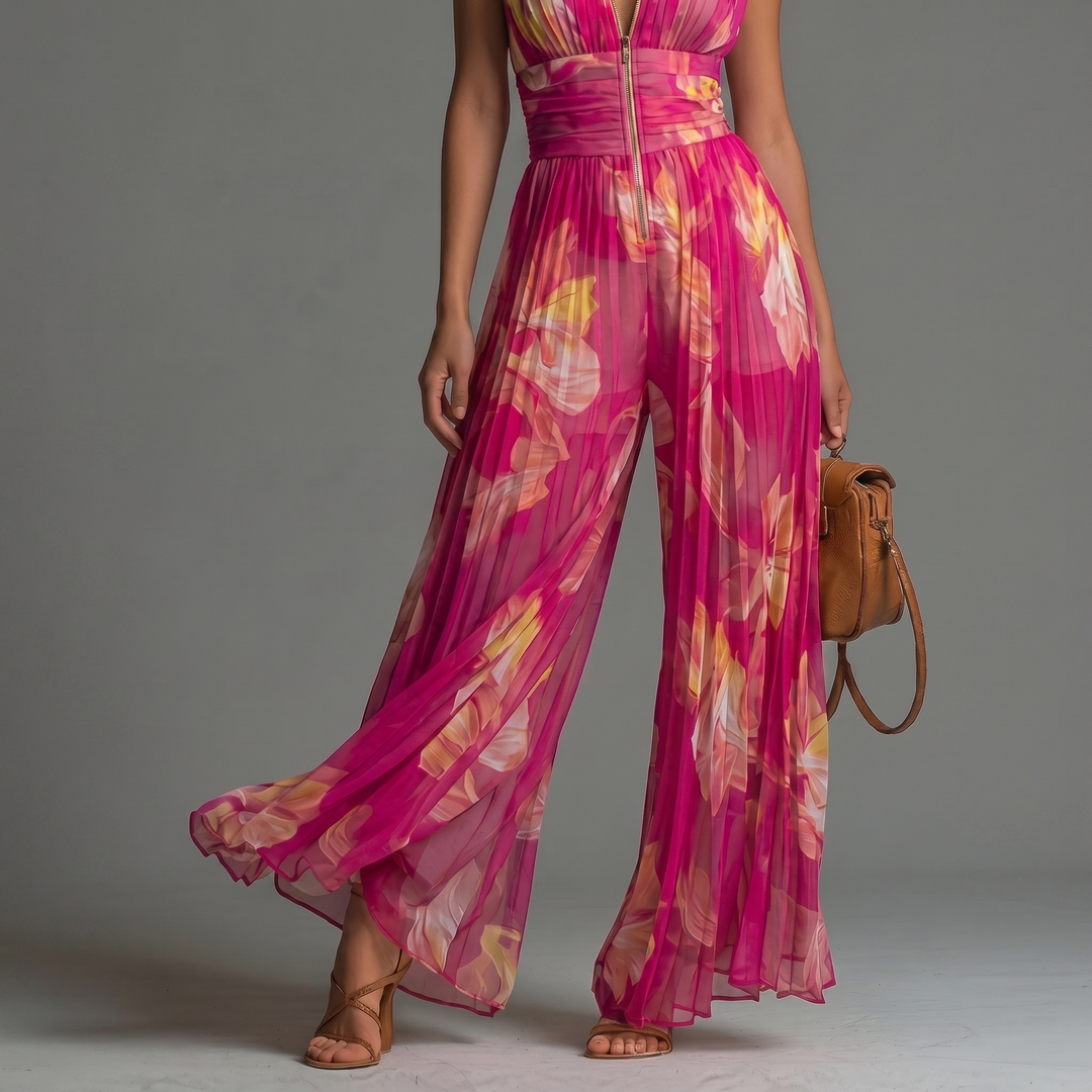 Sophie | Combinaison plissée en chiffon floral fuchsia