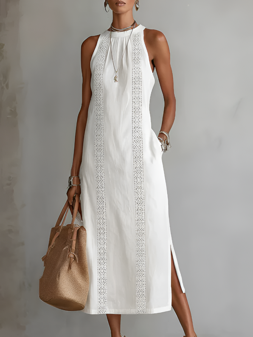 Rosa | Vestido midi de lino con cuello mao
