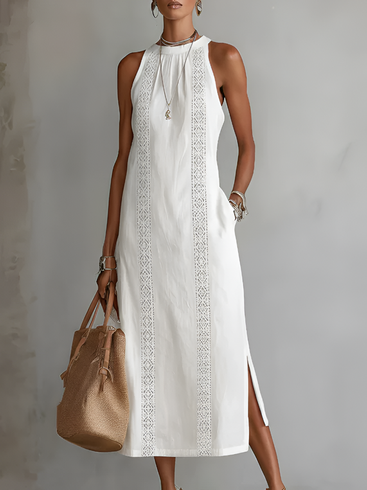 Rosa | Vestido midi de lino con cuello mao