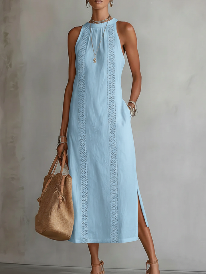 Rosa | Vestido midi de lino con cuello mao