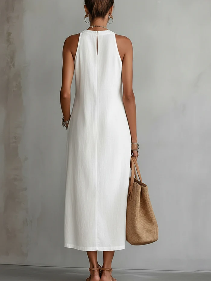 Rosa | Vestido midi de lino con cuello mao