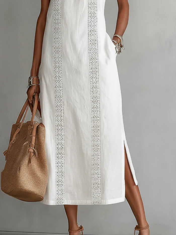Rosa | Vestido midi de lino con cuello mao