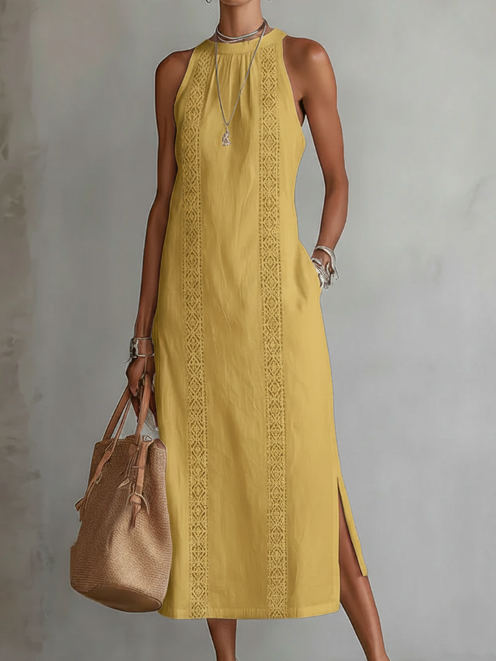 Rosa | Vestido midi de lino con cuello mao