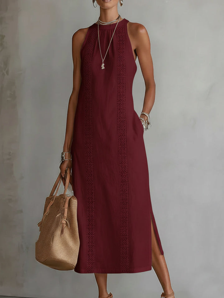 Rosa | Vestido midi de lino con cuello mao