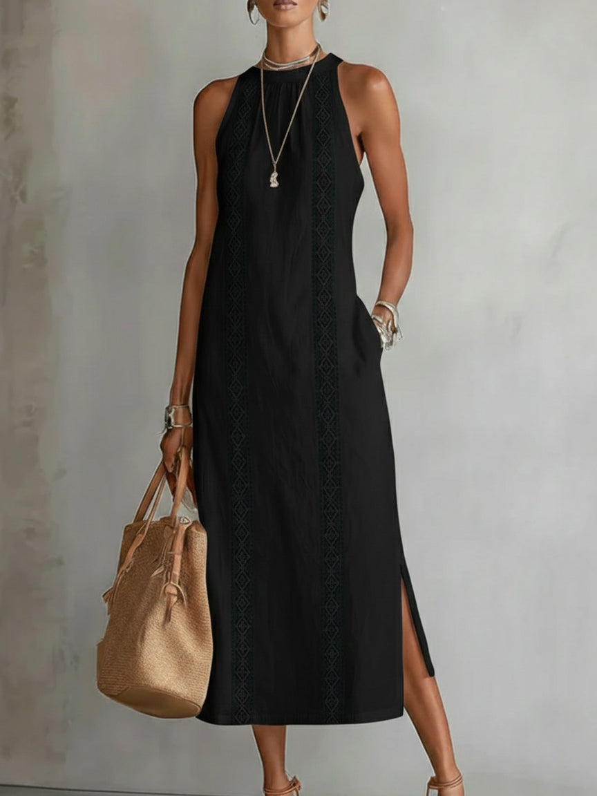 Rosa | Vestido midi de lino con cuello mao
